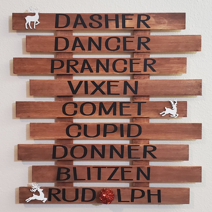 twinethyme Reindeer names on paint/ruler sticks with white deer and a red nose for Rudolph Embellishments.