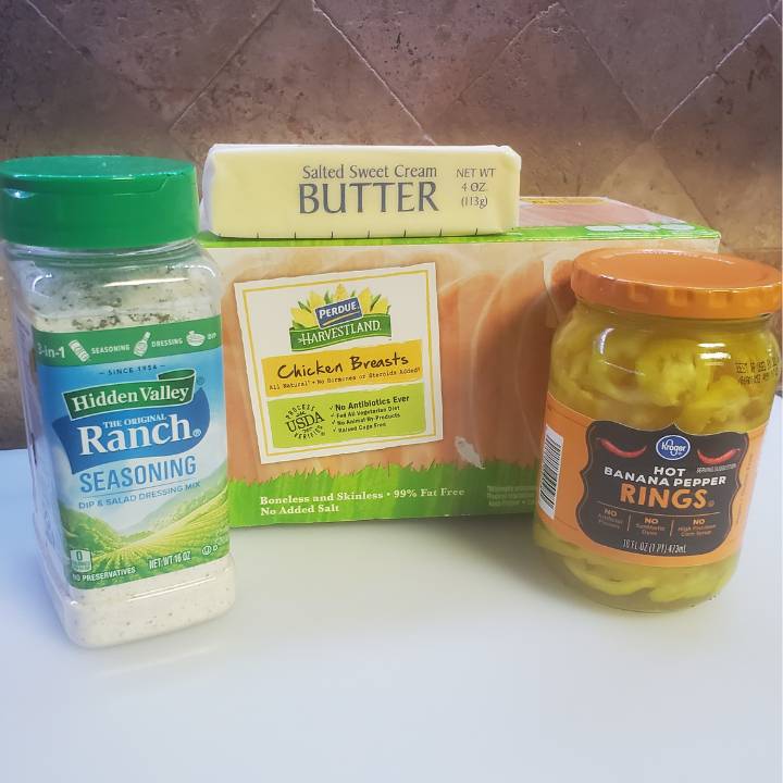 4 ingredients needed for Tangy Ranch chicken sandwiches chicken breasts, banana peppers, ranch dressing/seasoning mix and a stick of butter