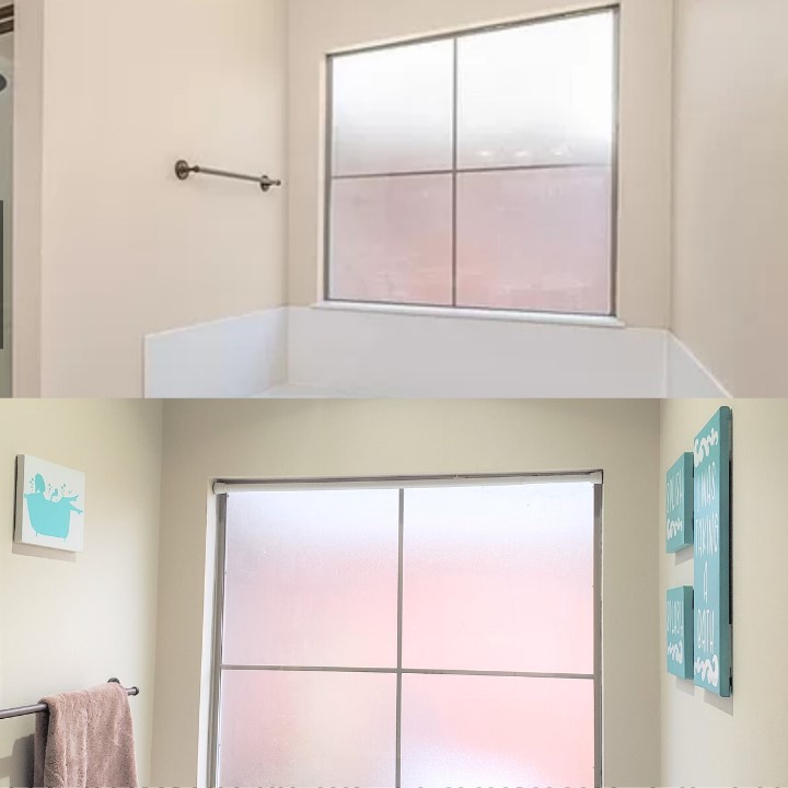 DIY canvas wall décor for the bathroom plain wall with window with no decorations and bottom walls with window with decorations splish splash on the walls