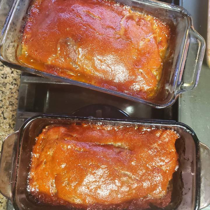 Twinethyme meatloaf recipe with mustard, brown sugar and ketchup glaze fresh out of the oven